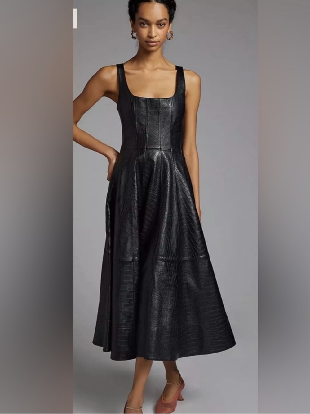 Avec Les Filles Black Faux-Leather Square-Neck Midi Dress